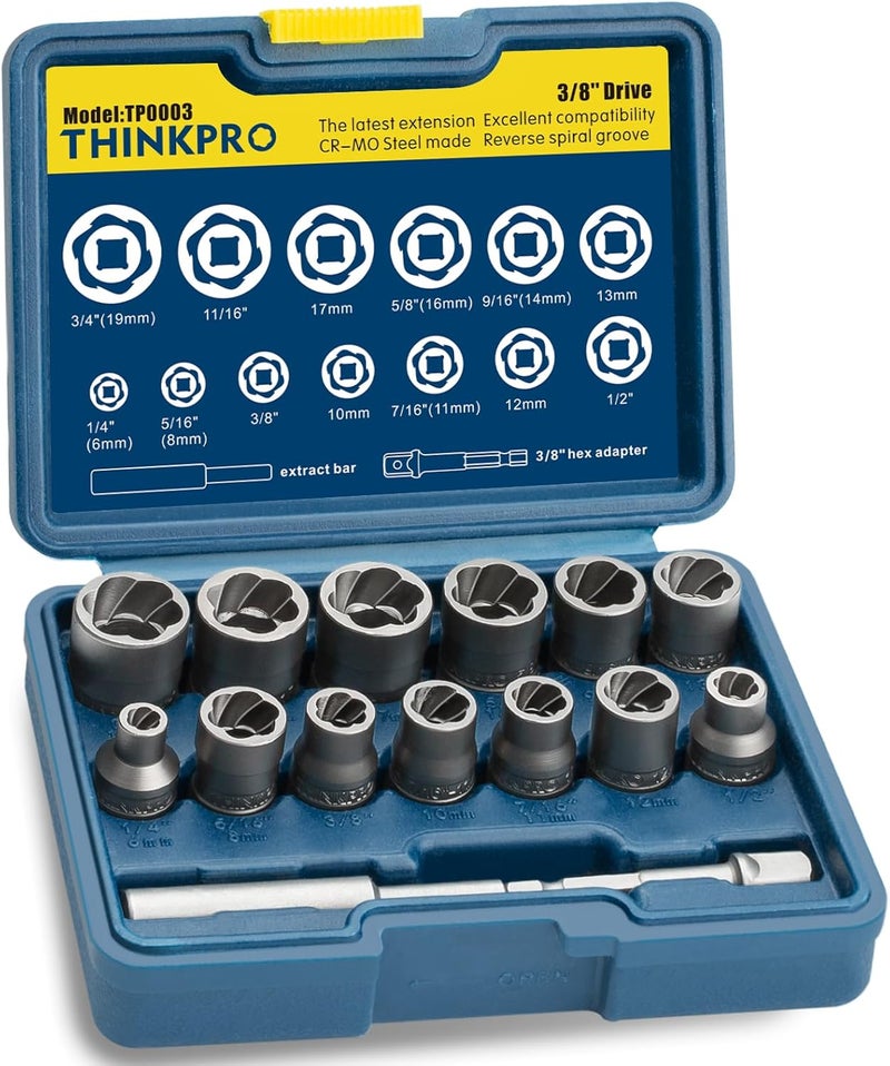 Thinkpro Upgraded 15 Piece Bolt Extractor Kit,Impact Bolt Socket Set for Damaged, Stripped, Rusted Bolts & Nuts Remover,SAE & Metric Sizes,Cr-Mo Steel - Image 1